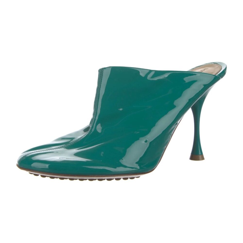 Bottega Veneta Teal Patent Dot Mules Sz 39.5